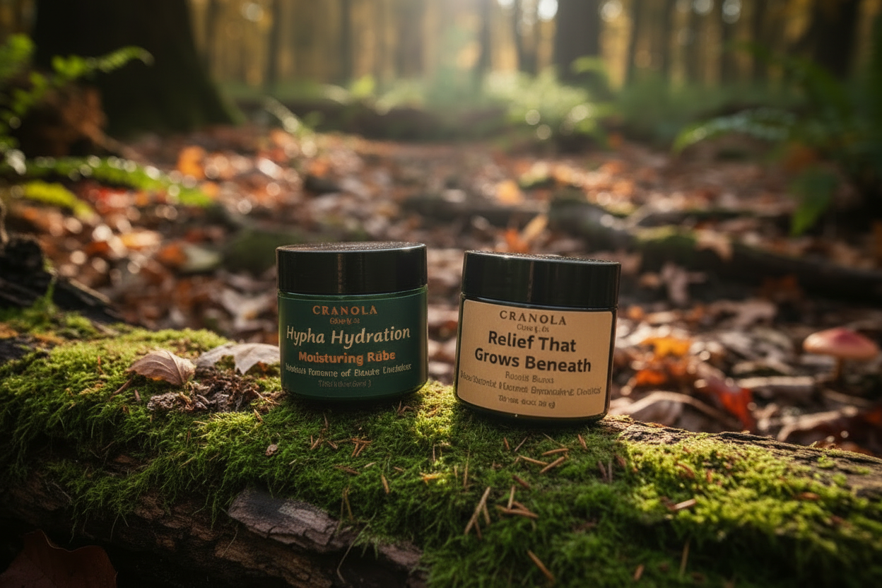 Two jars on a log in a forest setting with sunlight filtering through the trees.
